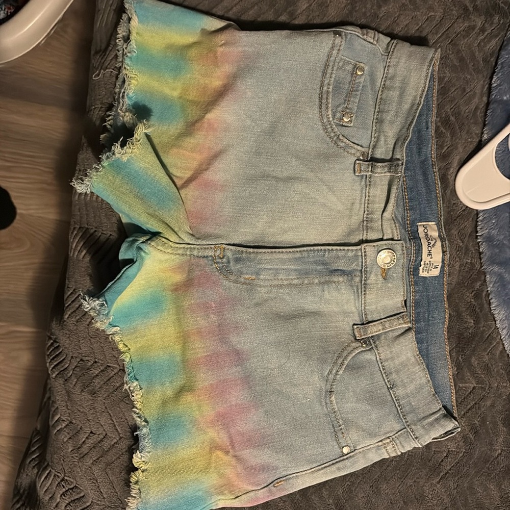 Jordache, size 14 girls, jean shorts rainbow bottoms